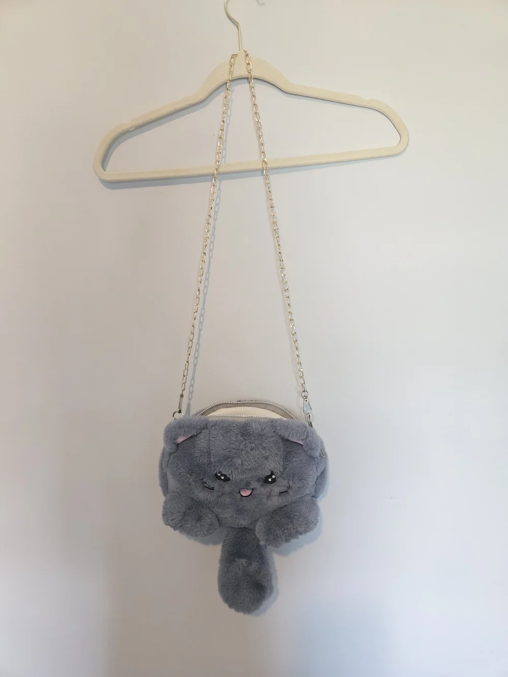 Plush Grey Cat Kids Crossbody Bag with Chain Strap